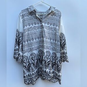 Chico’s Paisley Eyelet Black White Floral Embroidered Scalloped Shirt 3 US XL